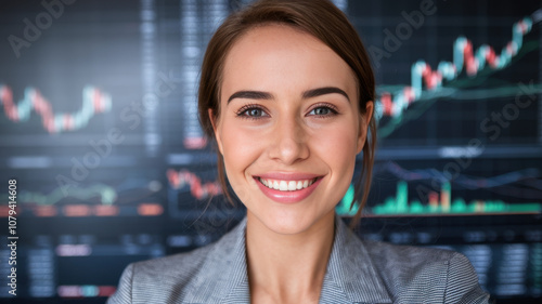 Smiling Caucasian woman in business attire against a backdrop of financial graphs, exuding confidence and professionalism in the finance sector.