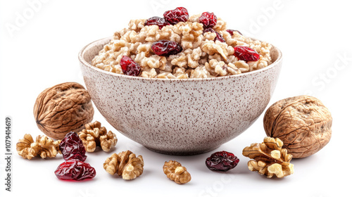 Healthy oatmeal bowl with walnuts and dried cranberries, perfect for breakfast or nutritious snack. Enjoy wholesome flavors and textures!