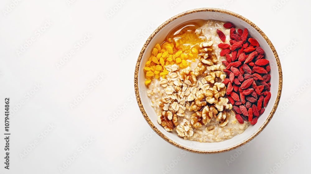 Delicious bowl of oatmeal topped with goji berries, honey, and nuts, showcasing healthy breakfast option. Perfect for nutritious start to day! Delicious bowl of oatmeal topped with goji berries, honey, and nuts, showcasing healthy breakfast option. Perfect for nutritious start to day!