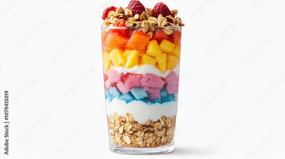 Delicious layered fruit parfait with yogurt, granola, and vibrant fruits like mango, raspberry, and watermelon, creating colorful and healthy dessert Delicious layered fruit parfait with yogurt, granola, and vibrant fruits like mango, raspberry, and watermelon, creating colorful and healthy dessert