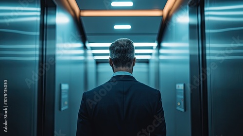 Man in suit walks down a hallway. This photo is perfect for depicting a businessperson in a professional setting.