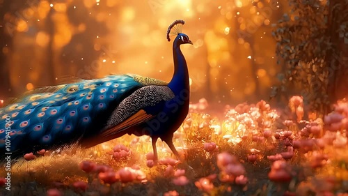 a stunning peacock walking among the flower plants