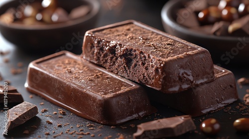 Two chocolate bars stacked on a table with pieces of chocolate and cocoa powder sprinkled around.