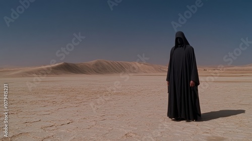 A solitary figure in a dark cloak stands in the vast desert landscape, with sunlit dunes stretching endlessly into a clear blue sky, suggesting mystery and solitude. photo