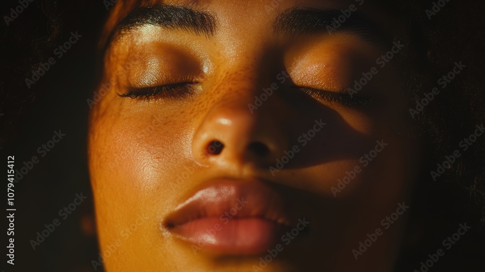 Close-up of a peaceful face in deep relaxation, eyes gently closed with a serene expression, soft ambient lighting casting highlights and shadows, neutral blurred background to emphasize calmness. Close-up of a peaceful face in deep relaxation, eyes gently closed with a serene expression, soft ambient lighting casting highlights and shadows, neutral blurred background to emphasize calmness.