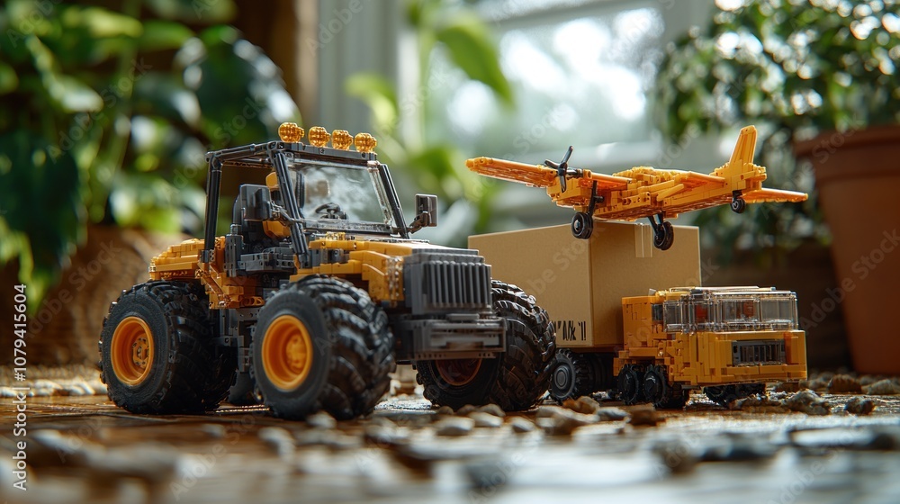 Toy tractor pulling a trailer with a box and a plane on top. Toy tractor pulling a trailer with a box and a plane on top.
