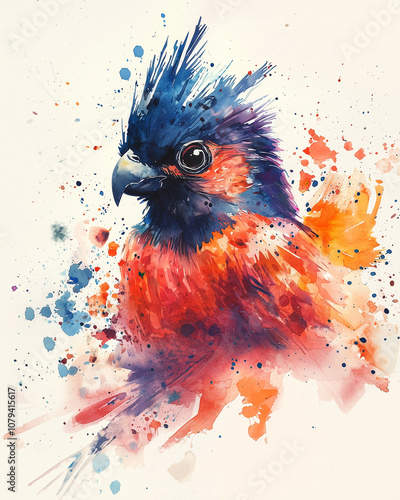 A watercolor painting of an exotic bird, on a white background, with splashes of paint, in a minimalistic design