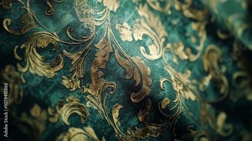 Rich golden motifs on a deep green fabric lend a regal touch, blending timeless craftsmanship with opulent design. photo