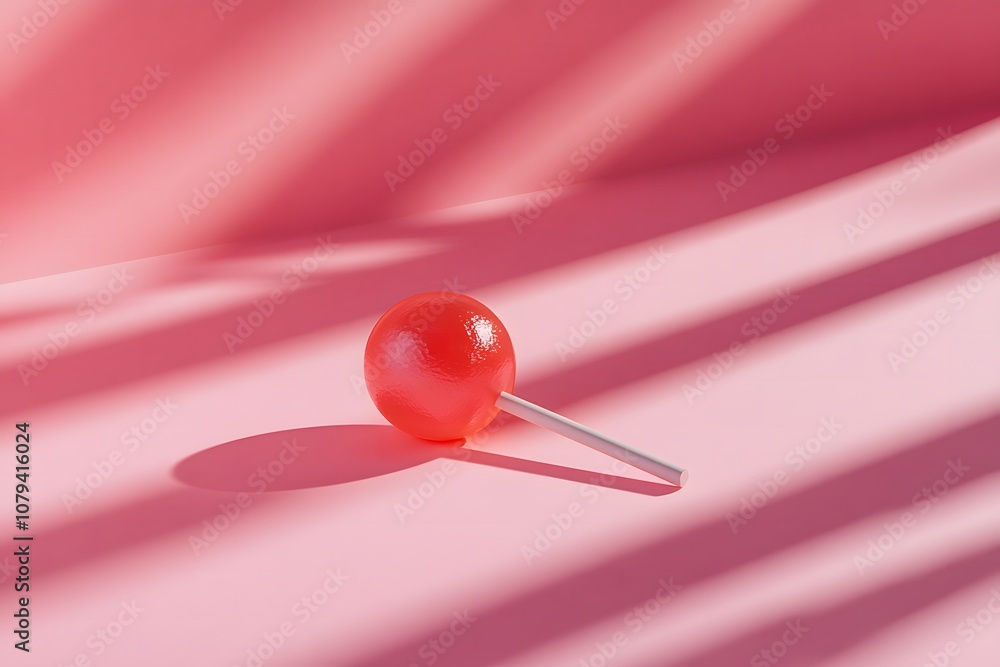 A single, brightly-colored lollipop against a soft gradient background with copyspace. Subtle shadows. A single, brightly-colored lollipop against a soft gradient background with copyspace. Subtle shadows.