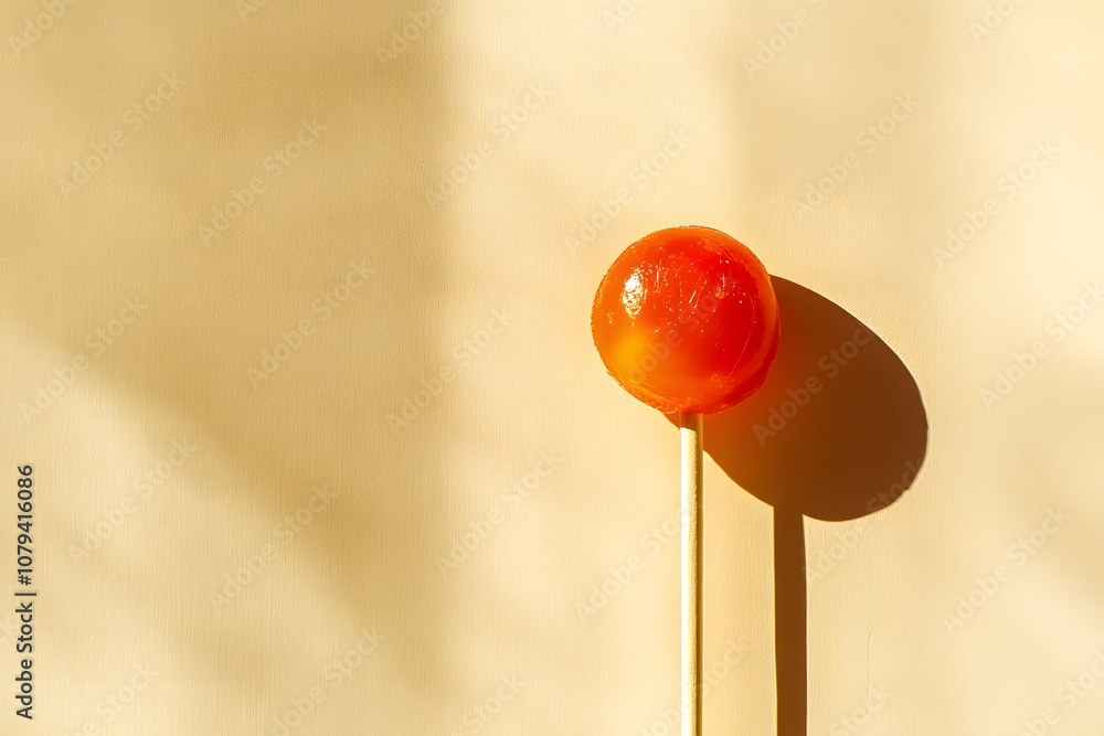 A single, brightly-colored lollipop against a soft gradient background with copyspace. Subtle shadows. A single, brightly-colored lollipop against a soft gradient background with copyspace. Subtle shadows.
