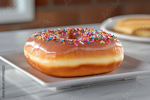 A single glazed doughnut with sprinkles placed on a clean white plate with copyspace. Bright light.  photo