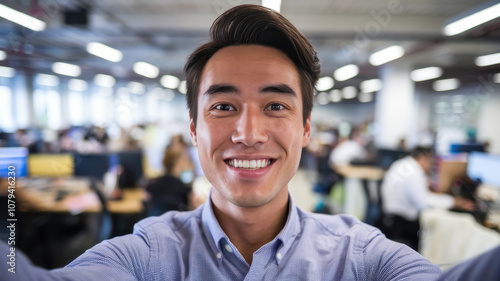 A young Asian male professional proudly takes a selfie in a vibrant open-plan office filled with coworkers. The atmosphere is energetic and collaborative.