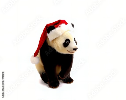 a photography of a panda bear wearing a santa hat.