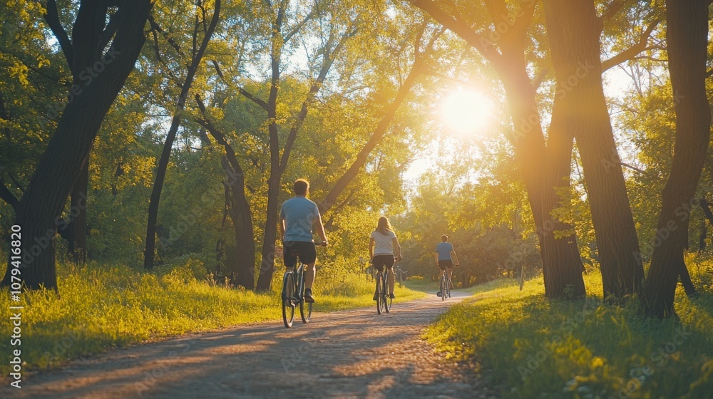 Cyclists journey through a sun-dappled forest path, basking in the joyous serenity of a warm, golden afternoon. Cyclists journey through a sun-dappled forest path, basking in the joyous serenity of a warm, golden afternoon.
