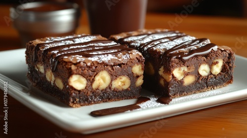 Two chocolate brownies with hazelnut filling and chocolate drizzle on white plate.