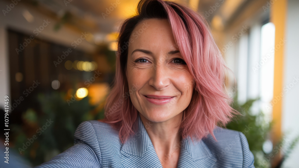 Smiling adult woman with pink hair in a stylish blazer, surrounded by greenery in a bright, modern indoor setting. Smiling adult woman with pink hair in a stylish blazer, surrounded by greenery in a bright, modern indoor setting.
