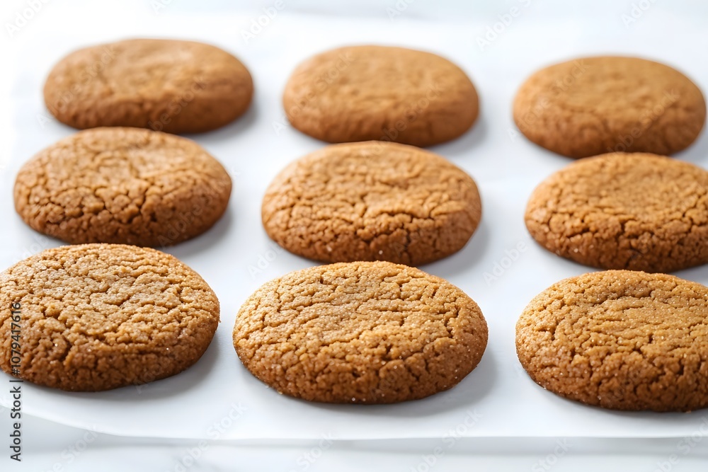 Gingerbread cookies arranged in a neat row on parchment paper with copyspace. Bright natural light. Gingerbread cookies arranged in a neat row on parchment paper with copyspace. Bright natural light.