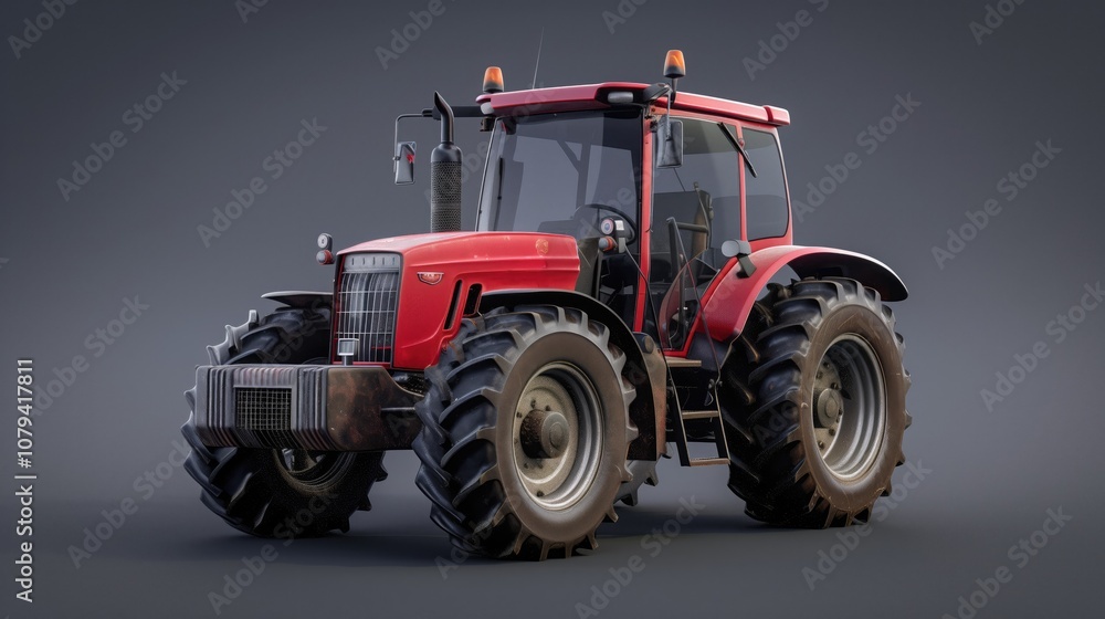Red tractor for agricultural industry. Machine for working on farm. Modern tractor on dark background Red tractor for agricultural industry. Machine for working on farm. Modern tractor on dark background