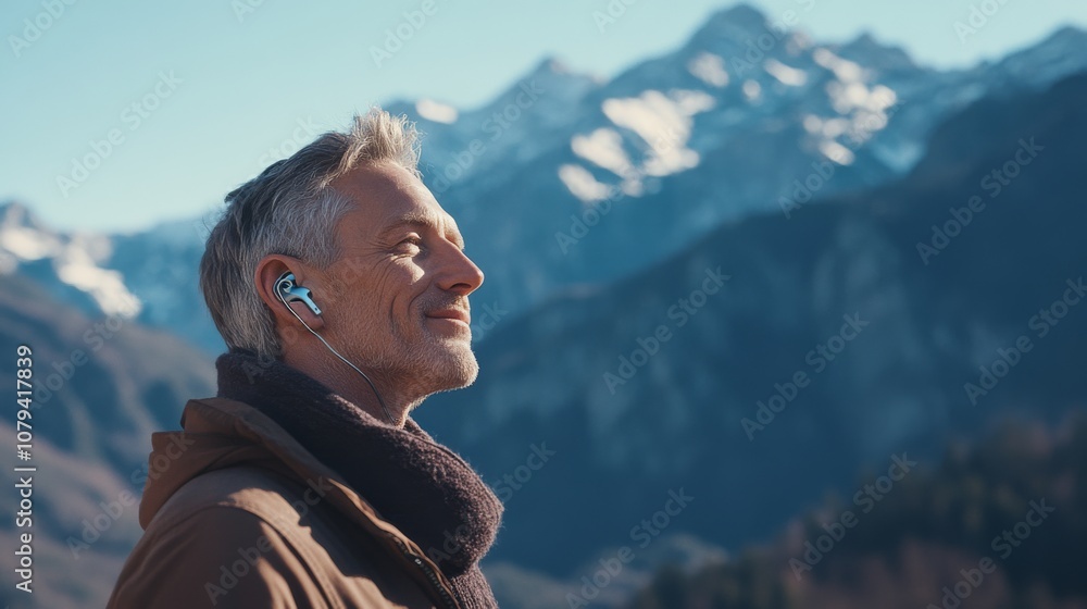 A man enjoys the serene mountain view with headphones on, exuding tranquility, contentment, and a connection to nature. A man enjoys the serene mountain view with headphones on, exuding tranquility, contentment, and a connection to nature.