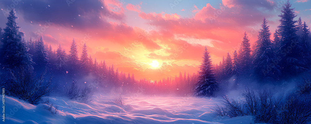 The sun sets behind a snowy forest, casting warm hues across a winter wonderland The sun sets behind a snowy forest, casting warm hues across a winter wonderland