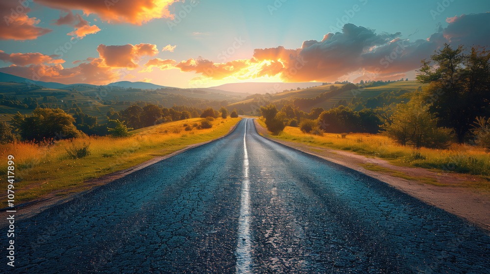 Naklejka premium Asphalt road among autumn landscape. Highway against backdrop of sunset. Picturesque landscape with yellow grass on roadsides