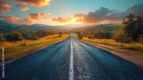 Asphalt road among autumn landscape. Highway against backdrop of sunset. Picturesque landscape with yellow grass on roadsides