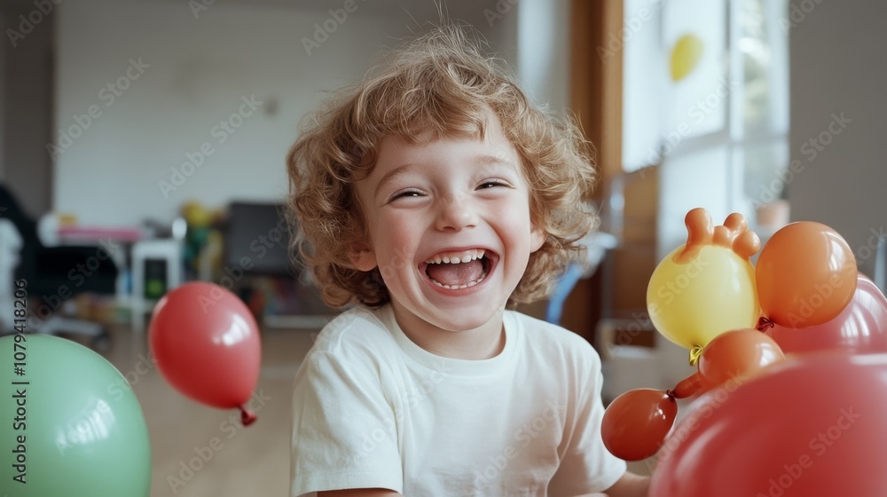 A joyous child surrounded by colorful balloons, laughing with delight, capturing the essence of childhood happiness and carefree moments. A joyous child surrounded by colorful balloons, laughing with delight, capturing the essence of childhood happiness and carefree moments.