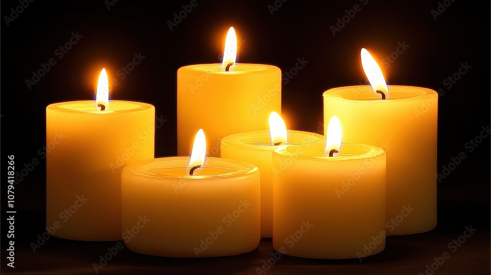 Five burning candles on a dark background. Perfect for representing warmth, hope, and remembrance. Five burning candles on a dark background. Perfect for representing warmth, hope, and remembrance.