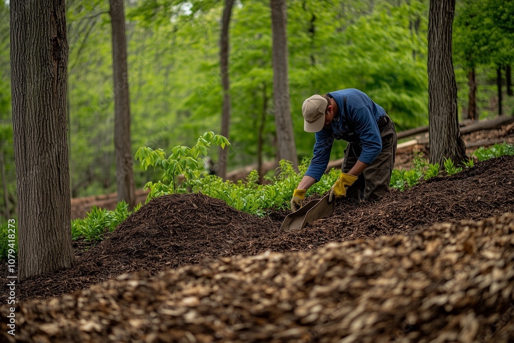 A gardener spreading mulch around the base of newly planted trees, helping retain moisture and improve soil health A gardener spreading mulch around the base of newly planted trees, helping retain moisture and improve soil health