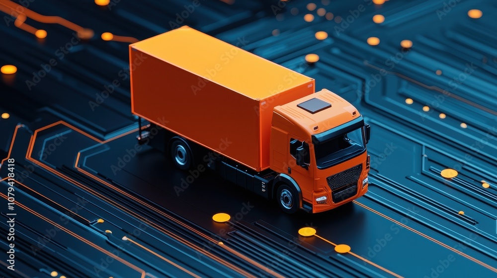 A vibrant orange truck on a circuit board backdrop symbolizes logistics and technology. A vibrant orange truck on a circuit board backdrop symbolizes logistics and technology.