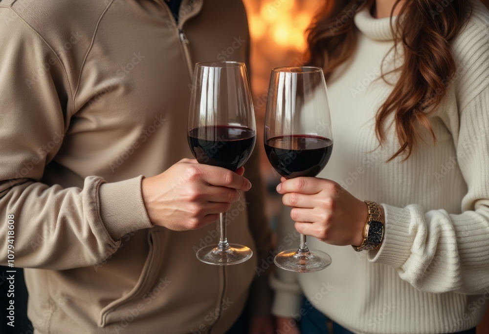 A couple is seen toasting with glasses of red wine, their hands elegantly positioned against a warm, glowing background. The scene captures a moment of celebration and intimacy, highlighting the A couple is seen toasting with glasses of red wine, their hands elegantly positioned against a warm, glowing background. The scene captures a moment of celebration and intimacy, highlighting the