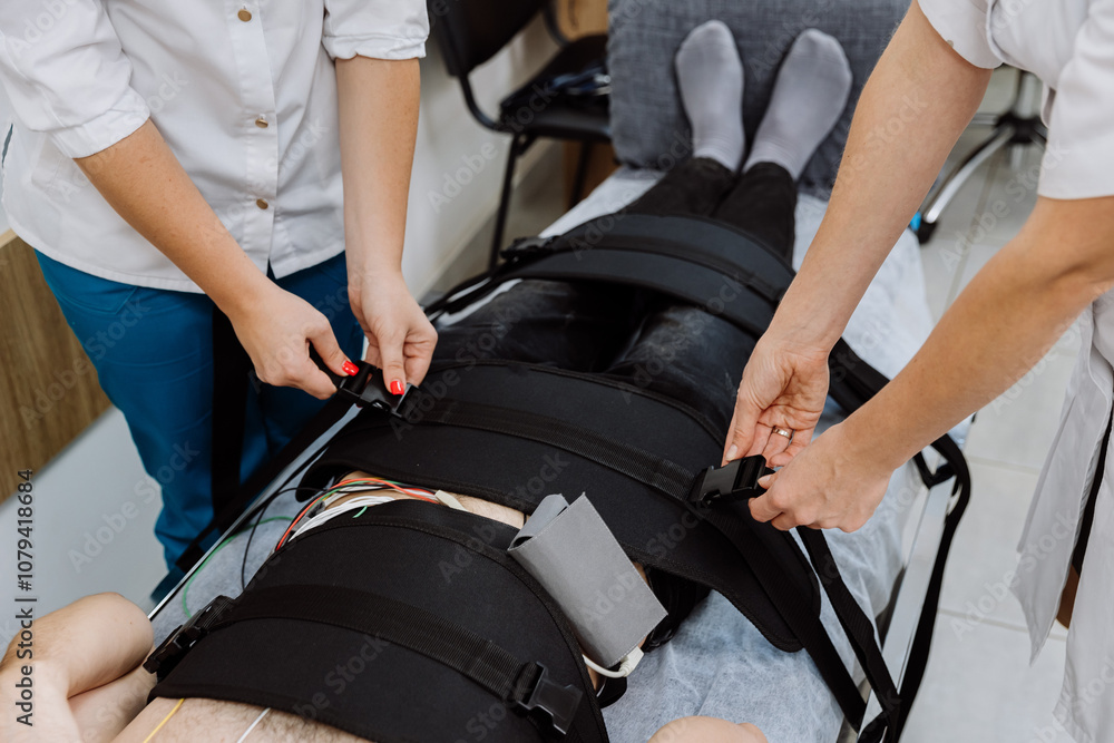 Healthcare professionals securing patient for physical therapy treatment with compression straps Healthcare professionals securing patient for physical therapy treatment with compression straps