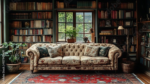 Cozy reading nook with a sofa, bookshelves, and a window with a view. Concept of home library, reading, relaxation, and comfort.