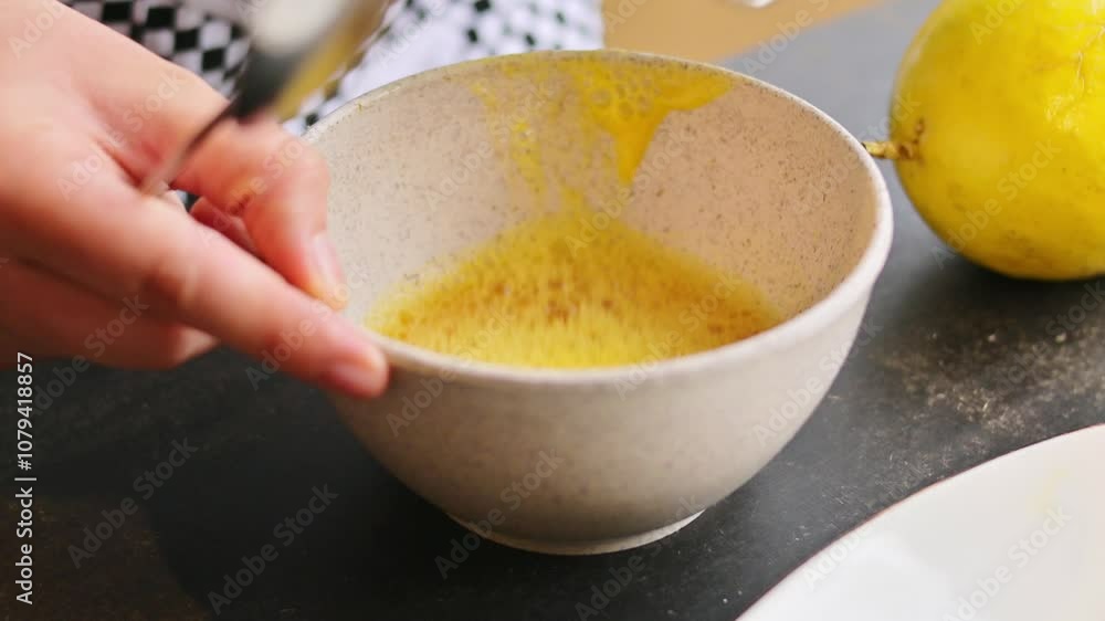 Hands view of woman straining passion fruit on black table at home Hands view of woman straining passion fruit on black table at home
