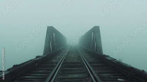 A deserted railway track fades into thick mist, evoking a sense of mystery and the passage of time amidst a dreamy, foggy landscape. photo