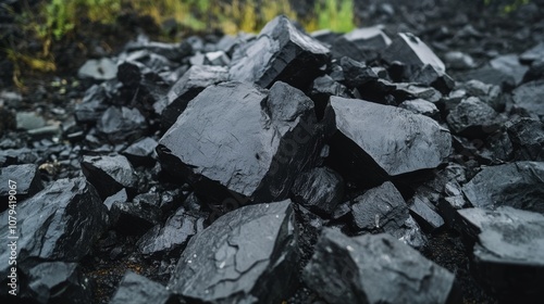 A pile of coal captured in gritty detail, emphasizing its raw texture and industrial significance against a blurred natural background.