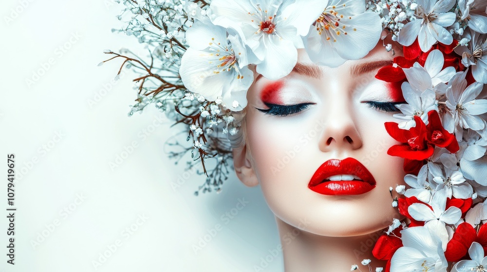 A Stunning and Beautiful Portrait Featuring a Floral Headpiece and Exquisite Makeup Art A Stunning and Beautiful Portrait Featuring a Floral Headpiece and Exquisite Makeup Art