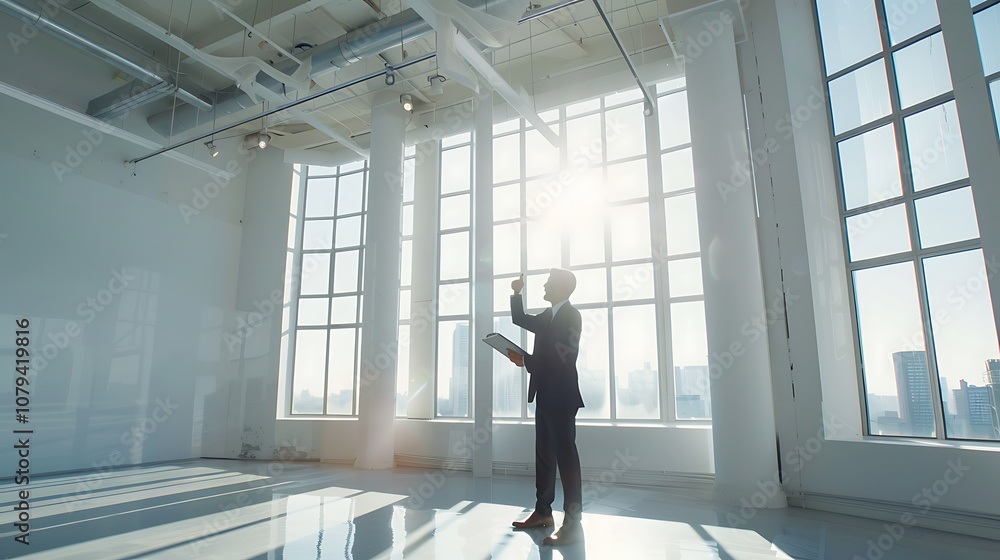 Silhouetted Businessman in Modern Office with Panoramic Windows Silhouetted Businessman in Modern Office with Panoramic Windows