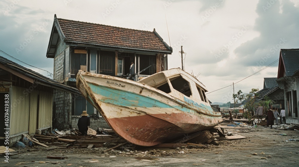 An old fishing boat rests precariously against a house, amidst wreckage, suggesting a story of resilience after a powerful storm or flood. An old fishing boat rests precariously against a house, amidst wreckage, suggesting a story of resilience after a powerful storm or flood.