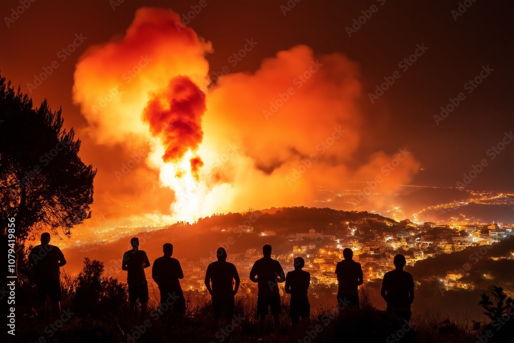 Silhouetted group watching large wildfire with bright flames and smoke over cityscape at night. Natural disaster and emergency concept Silhouetted group watching large wildfire with bright flames and smoke over cityscape at night. Natural disaster and emergency concept
