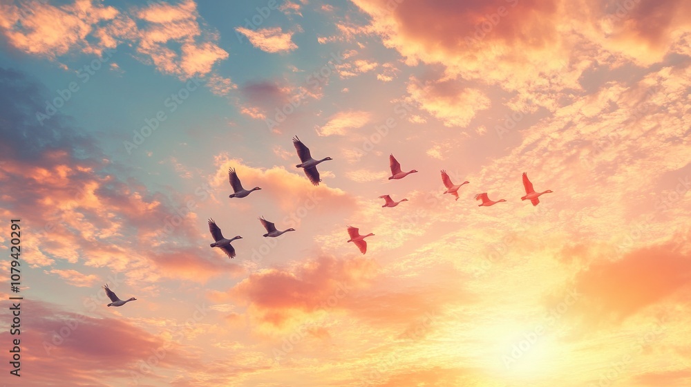 Obraz premium Birds Flying at Sunset