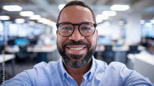 A smiling African American man in a light blue shirt, showcasing a friendly demeanor in a modern office environment.