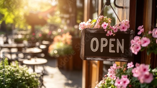 An open sign hangs on a door with flowers, showcasing a cafe patio with tables and chairs in the background.