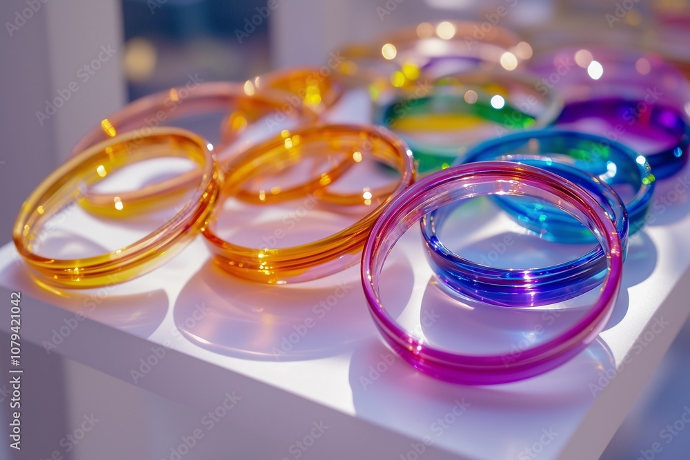A set of rainbow-colored bangles displayed on a white jewelry stand, shining under soft light A set of rainbow-colored bangles displayed on a white jewelry stand, shining under soft light