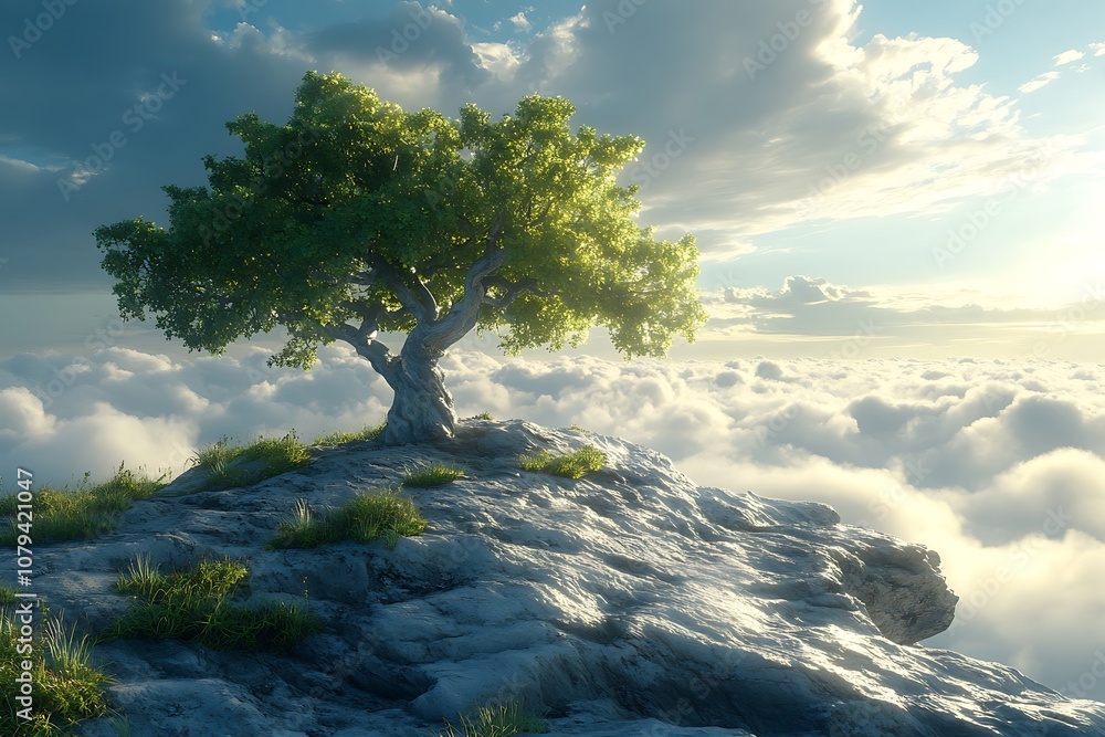 Single tree on a cliff with clouds below, digital art Single tree on a cliff with clouds below, digital art