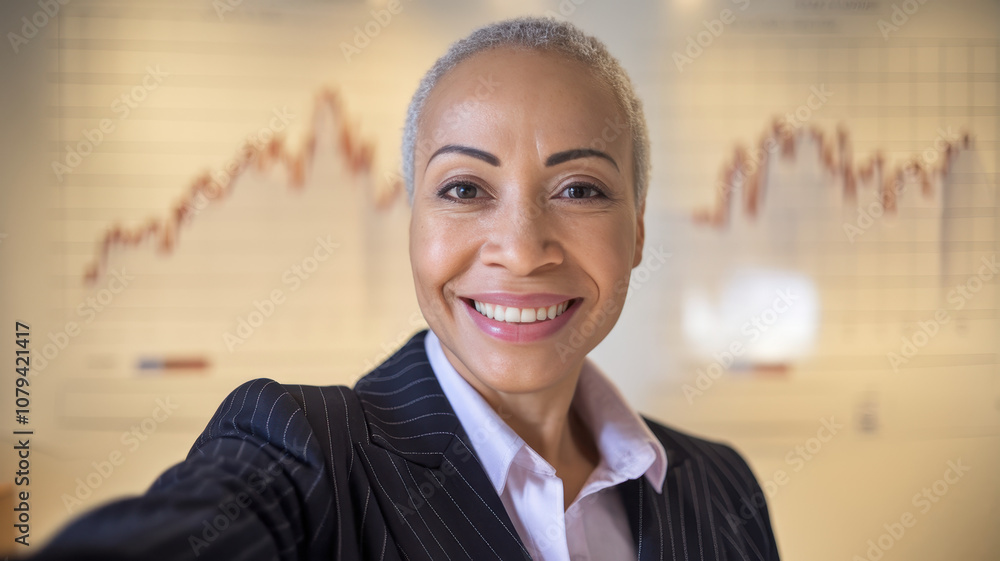 Smiling African American woman in a business suit, showcasing confidence and professionalism against a backdrop of financial graphs. Smiling African American woman in a business suit, showcasing confidence and professionalism against a backdrop of financial graphs.