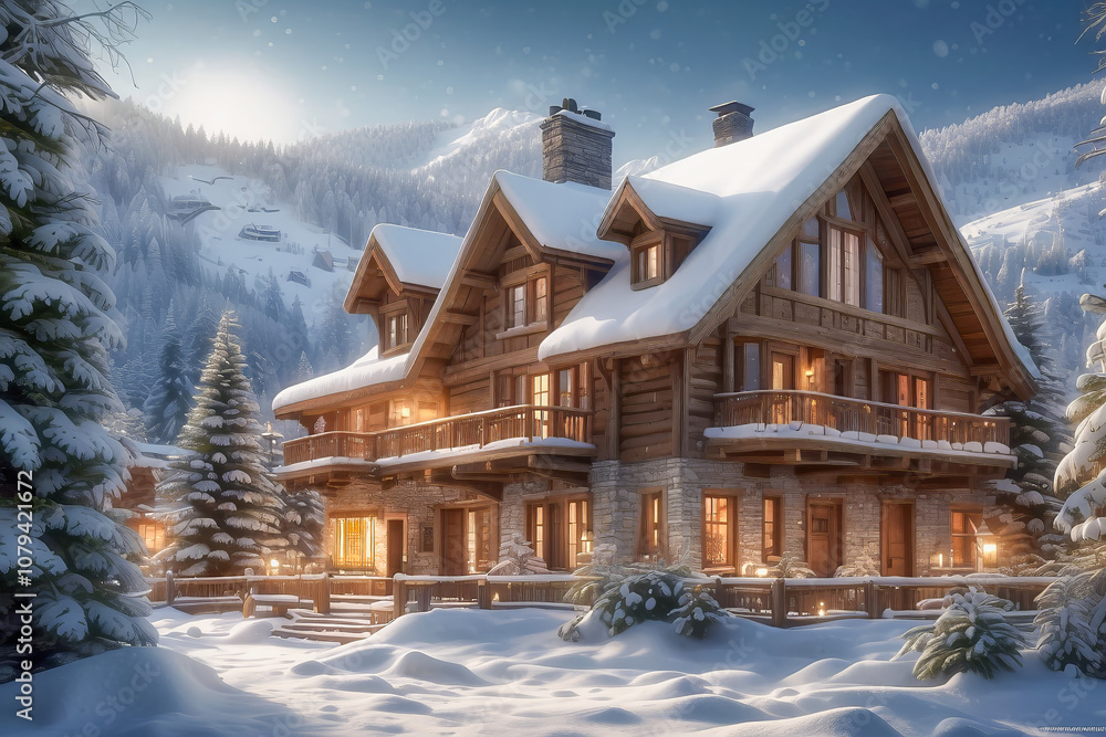 AI-generated image of a winter hidden gem luxury vacation ski chalet resort where relaxation and cherished memories await tourists. AI-generated image of a winter hidden gem luxury vacation ski chalet resort where relaxation and cherished memories await tourists.