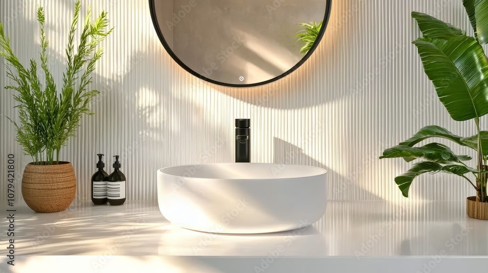 Fototapeta premium Bathroom with sleek white sink, round mirror detail, plants on countertop, sunlight filtering, modern style
