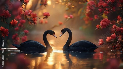 A pair of black swans are swimming in a lake that is already unsettled in the afternoon