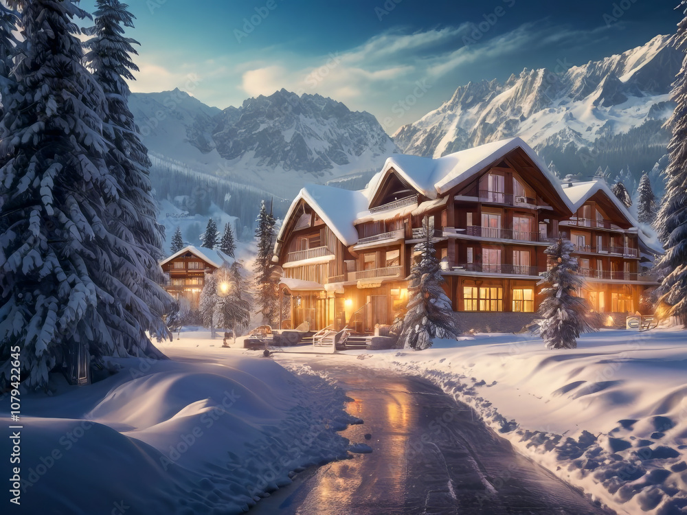 AI-generated image of a winter hidden gem luxury vacation ski chalet resort where relaxation and cherished memories await tourists. AI-generated image of a winter hidden gem luxury vacation ski chalet resort where relaxation and cherished memories await tourists.